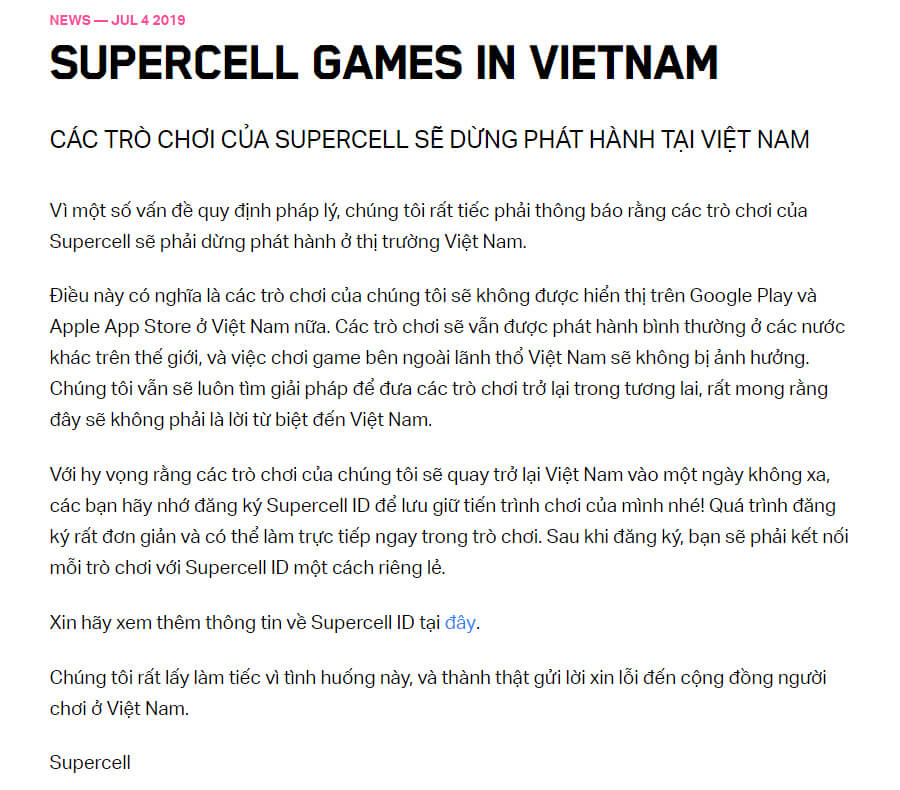 Supercell dừng phát hành game tại Việt Nam
