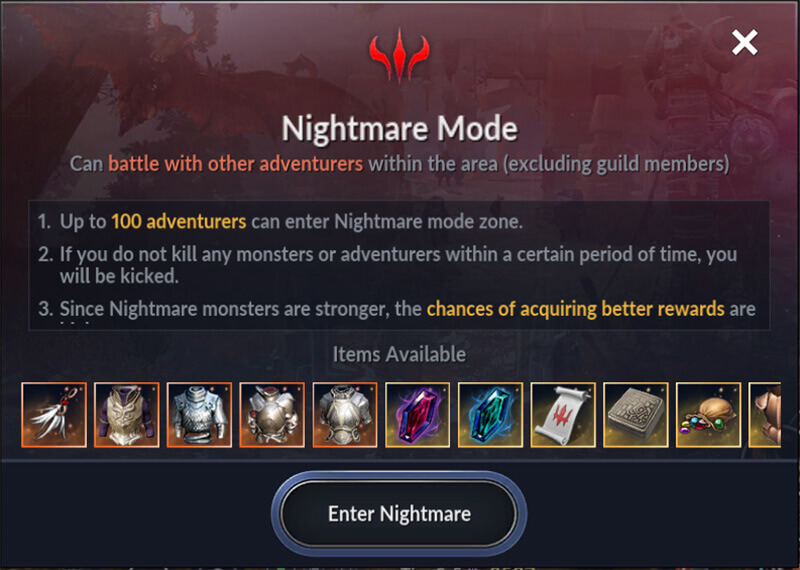 Phần thưởng tham gia Nightmare trong Black Desert Mobile