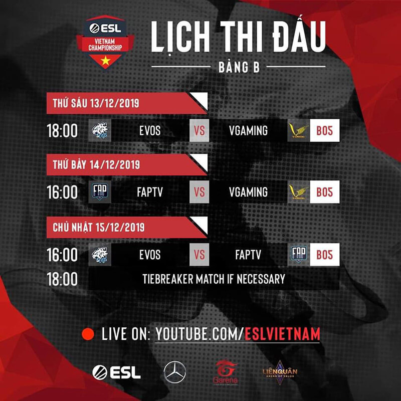 Lịch thi đấu bảng B ESL Vietnam Championship Liên Quân Mobile