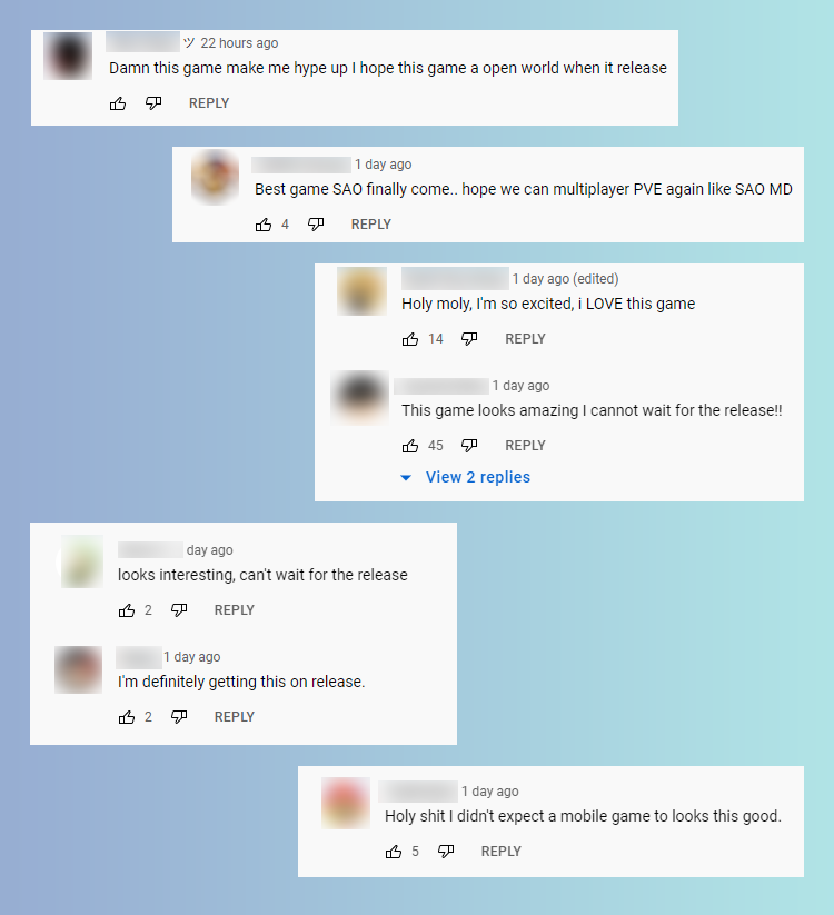 Trên YouTube, nhiều người đã để lại những bình luận rất tích cực về Sword Art Online: Variant Showdown