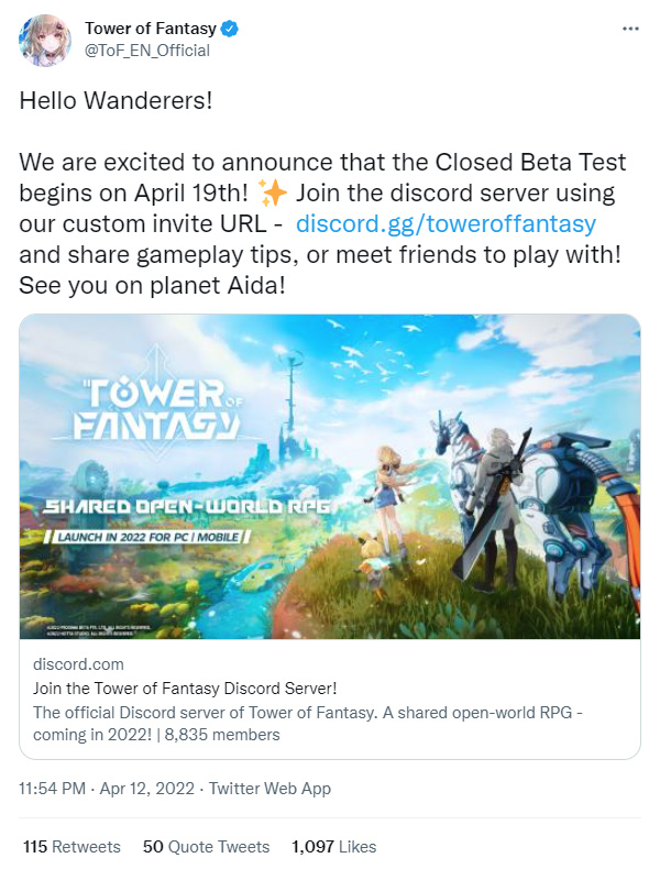 Tower of Fantasy mở cửa thử nghiệm Closed Beta vào ngày 19/04