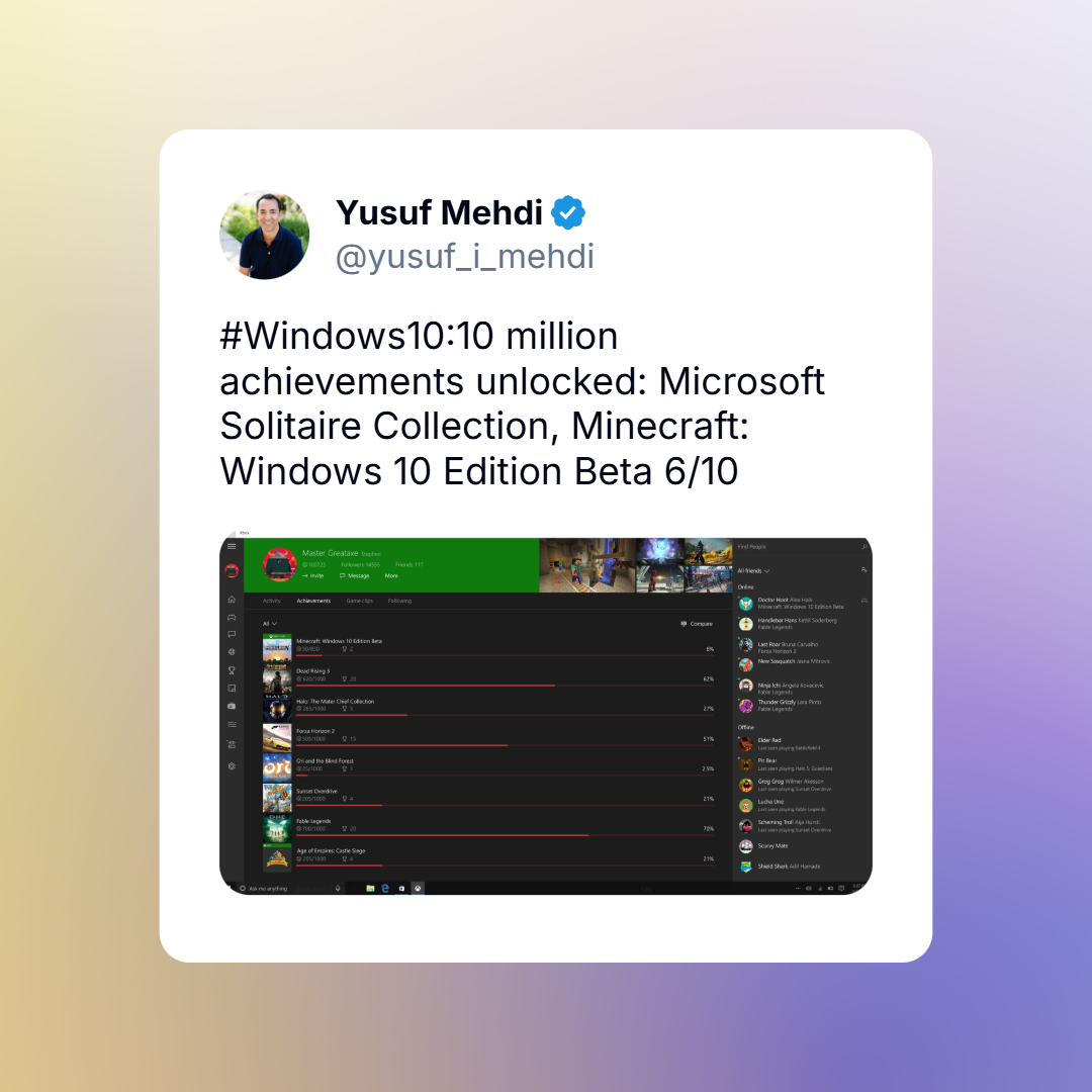 Mười triệu thành tích đã được mở khóa trong hai trò chơi Microsoft Solitaire Collection và Minecraft: Windows 10 Edition Beta