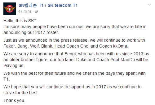 Thông báo thay đổi nhân sự của SK Telecom T1.