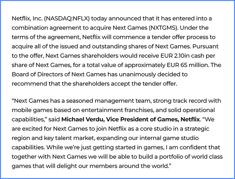 Netflix chi 65 triệu Euro thâu tóm Next Games