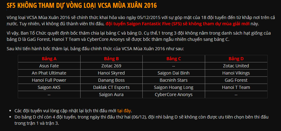 SF5 không tham dự vòng loại VCSA Mùa Xuân 2016