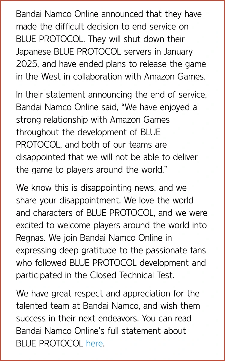 Bandai Namco hủy kế hoạch đưa Blue Protocol ra toàn cầu