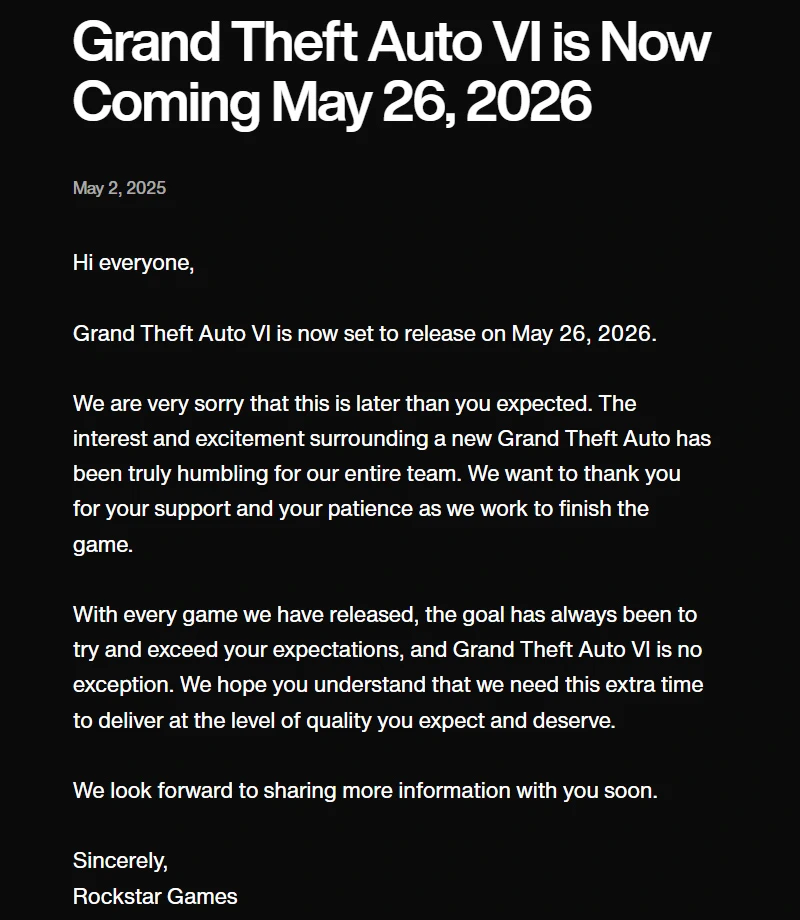 Grand Theft Auto VI bị hoãn ra mắt đến tháng 5/2026