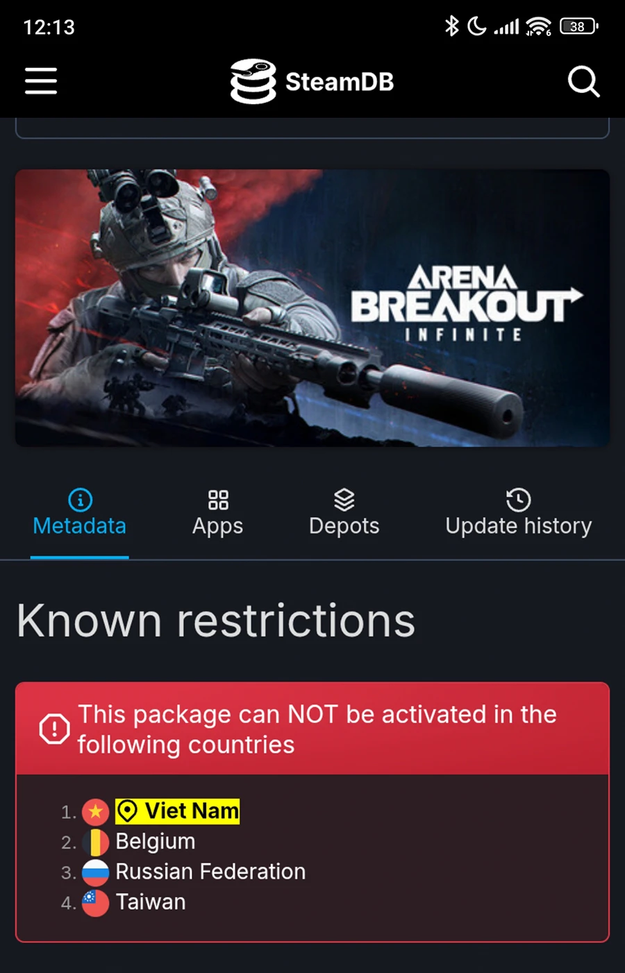 Arena Breakout: Infinite chặn người dùng Việt Nam