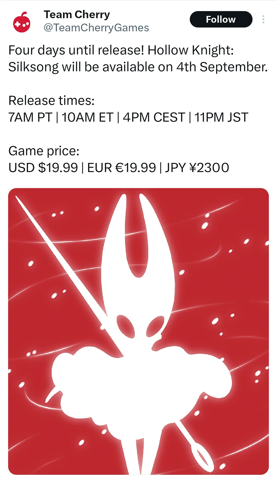 Thông báo công bố thời điểm ra mắt và giá bán của Hollow Knight: Silksong