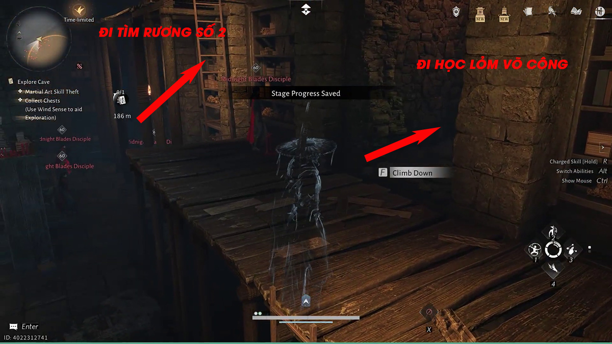 Hạ gục tên lính canh đứng gần tủ sách, leo lên cầu thang để đi đến vị trí của rương số 2