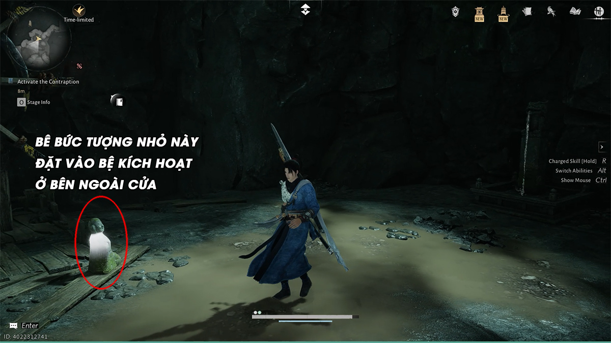 Các bạn đi vòng vào bên trong, lấy bức tượng nhỏ từ bên trong đặt vào bệ kích hoạt tượng phun nước ở bên ngoài. Sau đó, di chuyển vào bên trong, dùng Tai Chi bắn nước kéo cánh cửa lên.