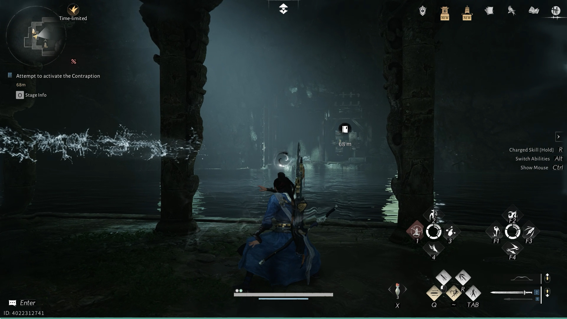 Đầu tiên, các bạn đứng vào bệ đá kích hoạt bức tượng phun nước, sau đó di chuyển lên phía trước một đoạn dùng Tai Chi đón nước và chuyển hướng vào bánh xe.