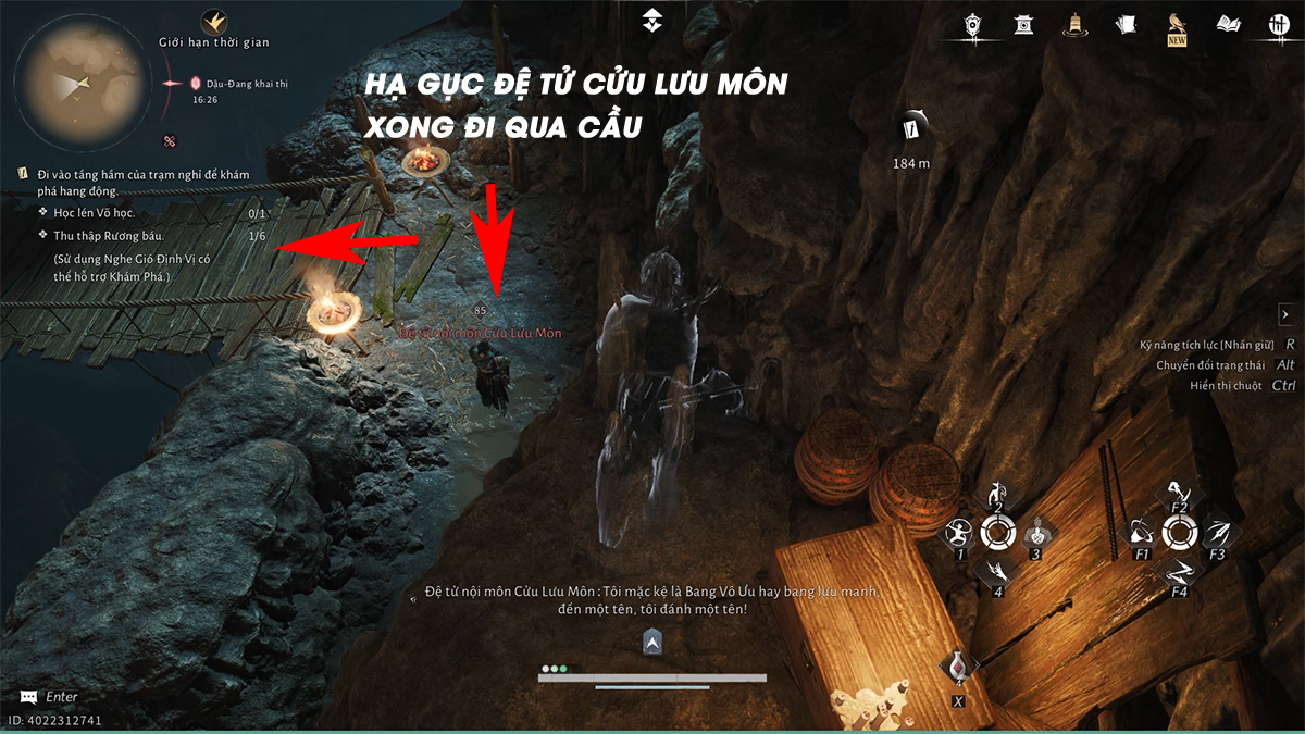 Hạ gục đệ tử Cửu Lưu Môn đứng ở đầu cầu, sau đó qua cầu đi thẳng đến thư viện