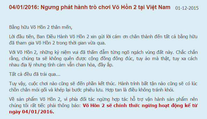 VNG ra thông báo ngừng phát hành Võ Hồn 2