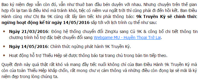 Thông báo đóng cửa 9K Truyền Kỳ